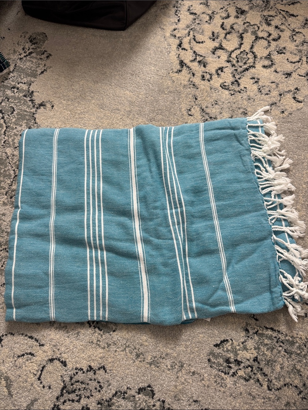 Turquoise Striped Cotton Towel with Fringe